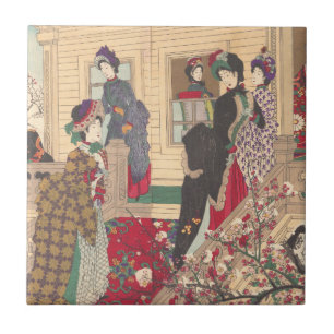 Children Playing in the Snow under Plum Trees Ceramic Tile