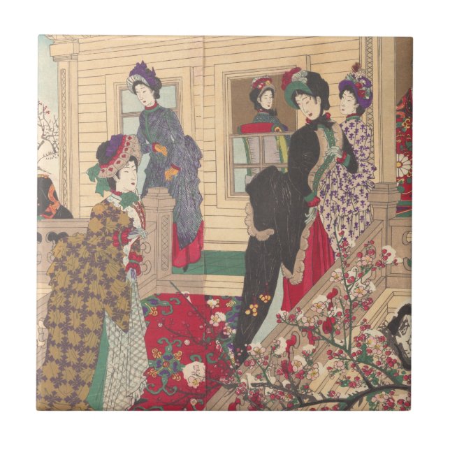 Children Playing in the Snow under Plum Trees Ceramic Tile (Front)