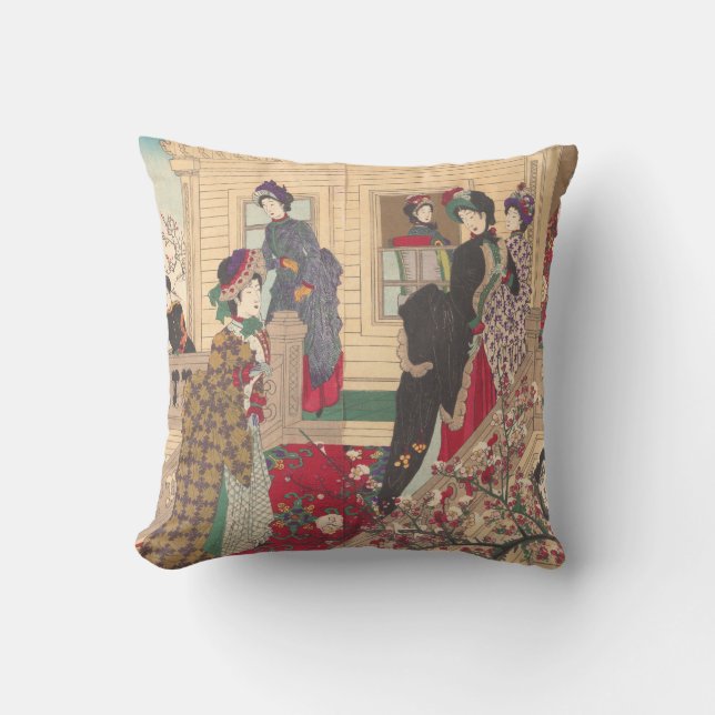 Children Playing in the Snow under Plum Trees Cushion (Front)