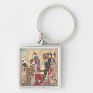 Children Playing in the Snow under Plum Trees Key Ring