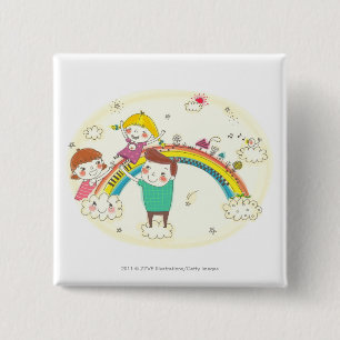 Children playing on rainbow 15 cm square badge