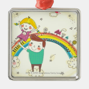 Children playing on rainbow metal ornament