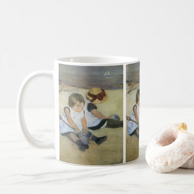 Children Playing on the Beach by Mary Cassatt Coffee Mug (With Donut)
