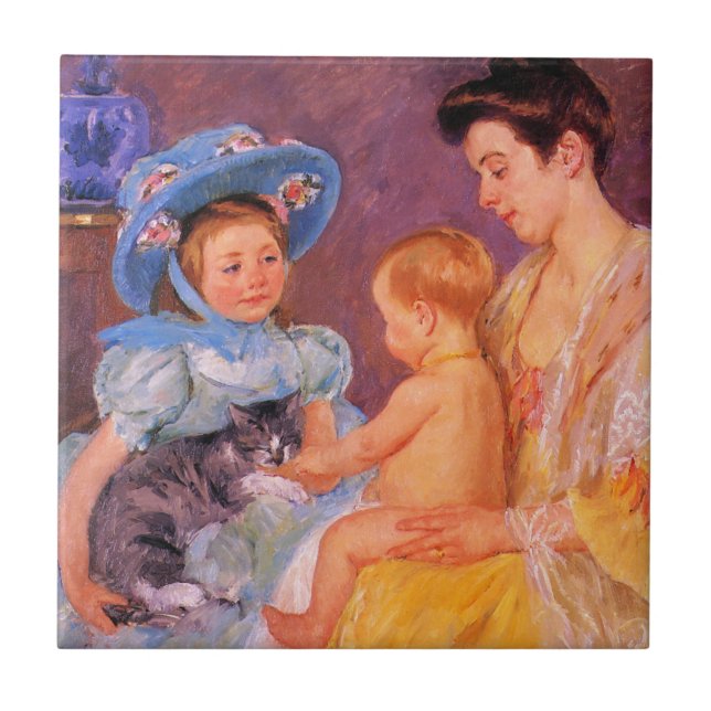 Children Playing with a Cute Kitten (Mary Cassatt) Ceramic Tile (Front)