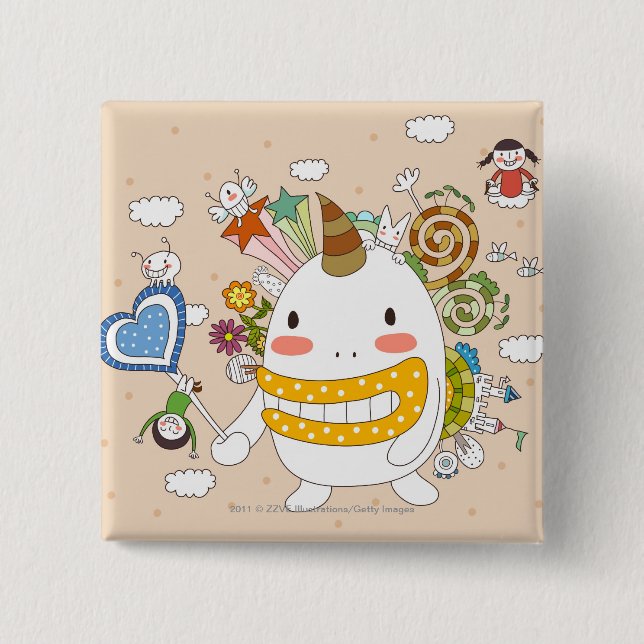 Children playing with monster 15 cm square badge (Front)