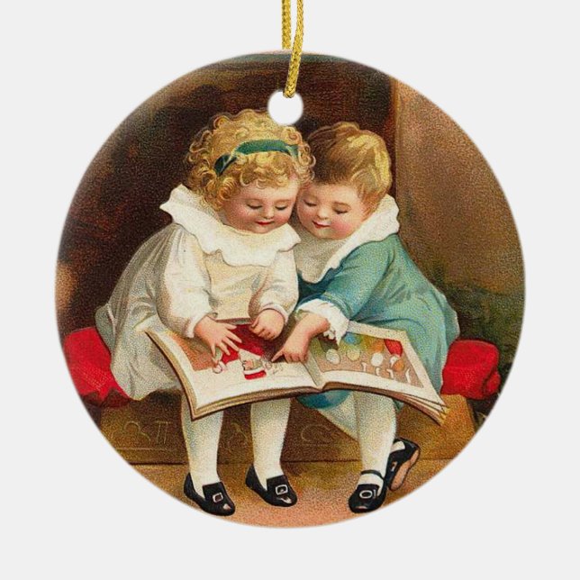 Children Reading Book Christmas Card Ceramic Tree Decoration (Front)