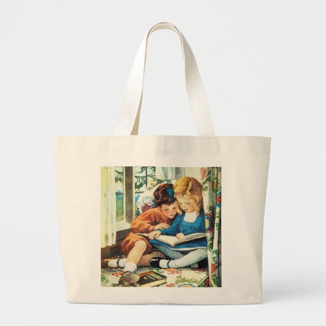 Children Reading Books Having a Merry Christmas Large Tote Bag (Front)