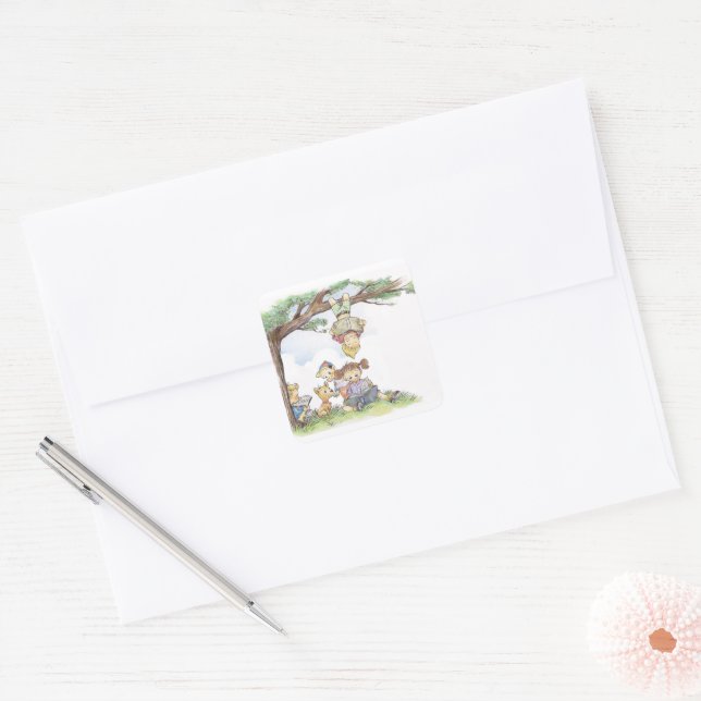 Children Reading Under Tree Square Sticker (Envelope)