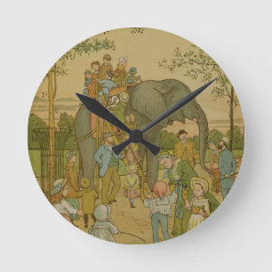 Children Riding on the Elephant (litho) Round Clock