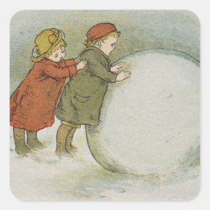 Children Rolling Snowballs Square Sticker