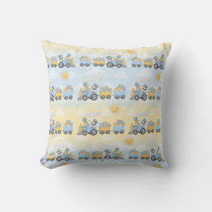 Children’s Cute Dog and Train Throw Yellow Blue Cushion