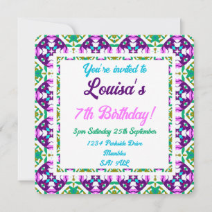 Children’s Fun Pink Purple Green Tropical Birthday Invitation