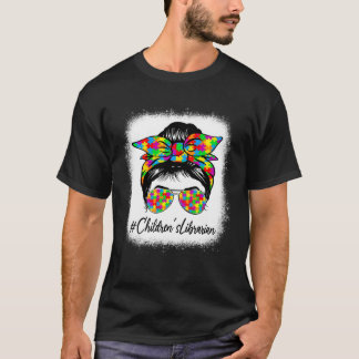 Children s Librarian Messy Bun Women Autism Awaren T-Shirt