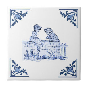 Children Sit on Fence Delft Corner Blue and White Ceramic Tile