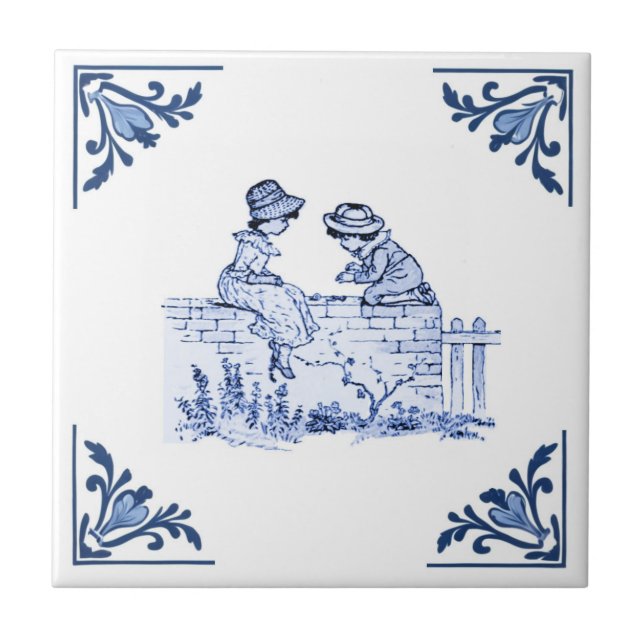 Children Sit on Fence Delft Corner Blue and White Ceramic Tile (Front)