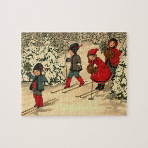 Children skiing, a vintage winter scene jigsaw puzzle