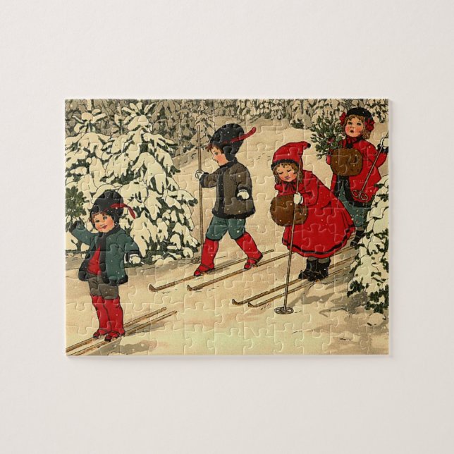 Children skiing, a vintage winter scene jigsaw puzzle (Horizontal)
