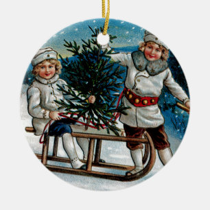 Children Sledding Ceramic Ornament