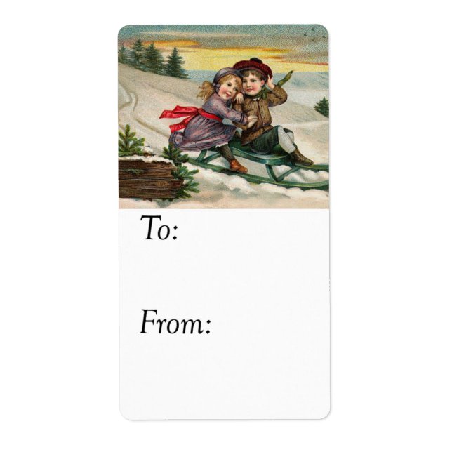 Children Sledding Vintage Gift Tag (Front)