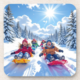 Children Sledding Winter Christmas Coaster