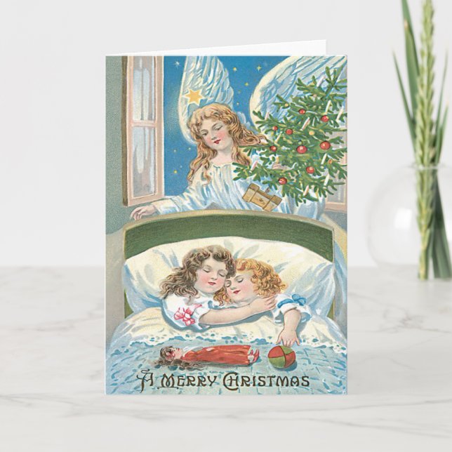 Children Sleeping Angel Christmas Tree Window Holiday Card (Front)
