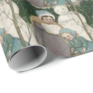Children Snowman Feeding Birds Winter Wrapping Paper