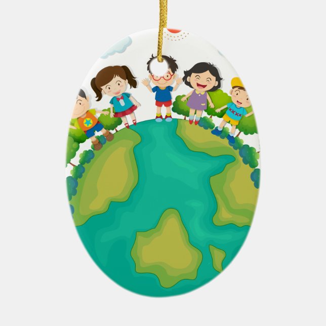 Children standing around the earth ceramic tree decoration (Front)