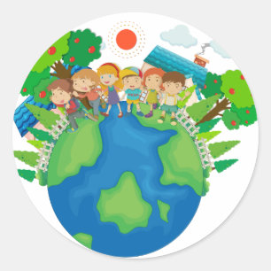 Children standing around the world classic round sticker