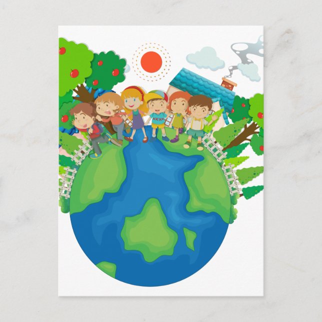 Children standing around the world postcard (Front)