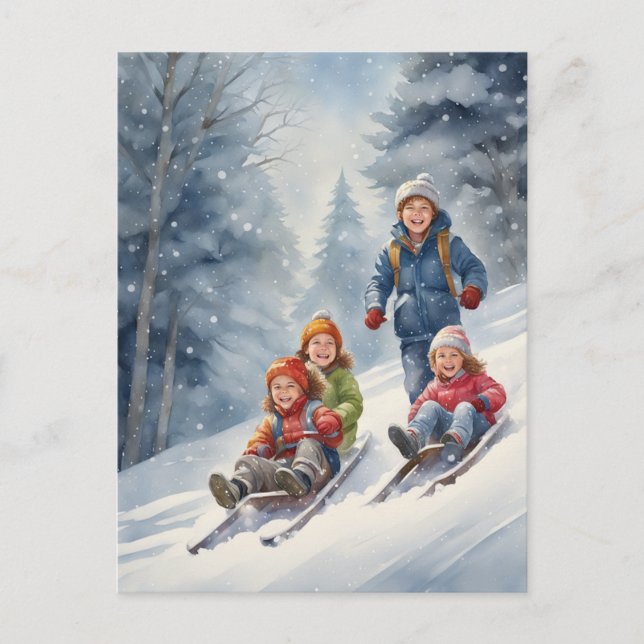 Children Toboggan Winter Scene  Postcard (Front)