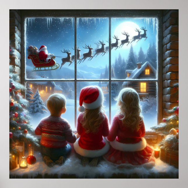 Children watching Santa by window Poster (Front)