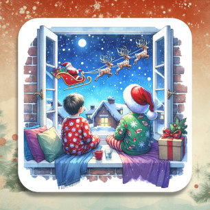 Children Watching Santa's Sleigh Christmas Eve Square Sticker