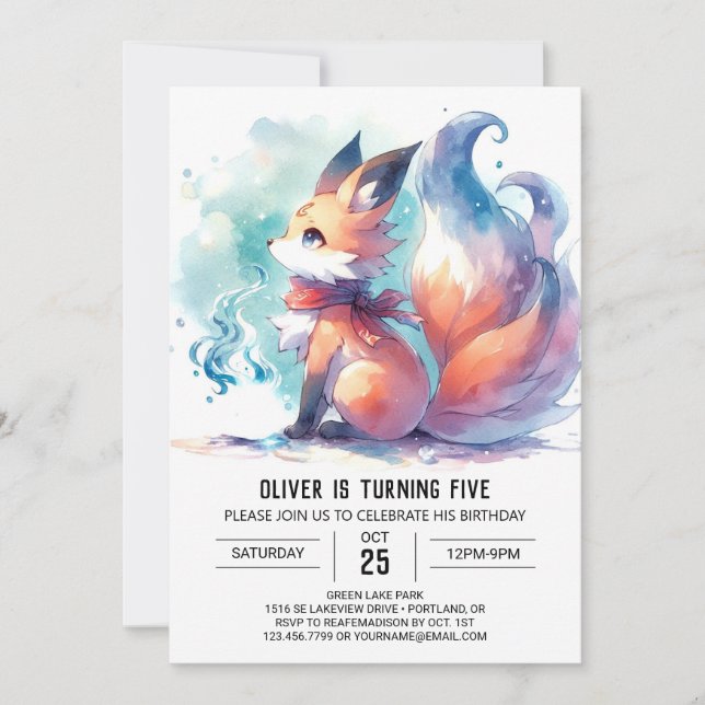 Children Whimsical Fox Birthday Invitation (Front)