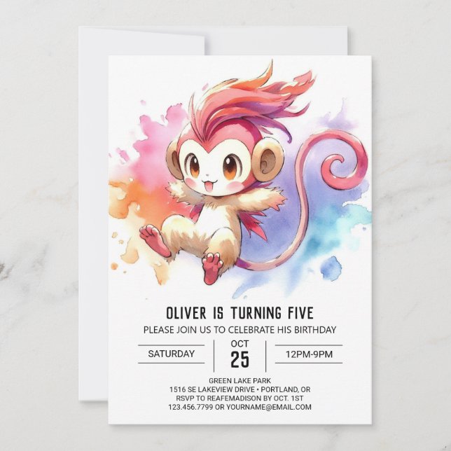Children Whimsical Monkey Birthday Invitation (Front)