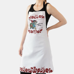 CHILDREN WITH CHRISTMAS GIFTS AND RED FLORAL APRON