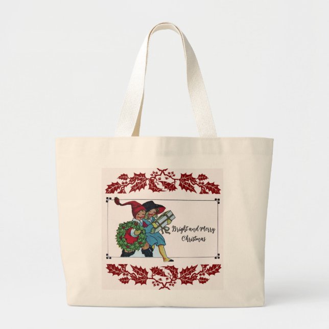 CHILDREN WITH CHRISTMAS GIFTS AND RED FLORAL LARGE TOTE BAG (Front)