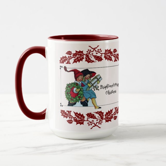 CHILDREN WITH CHRISTMAS GIFTS AND RED FLORAL MUG (Left)