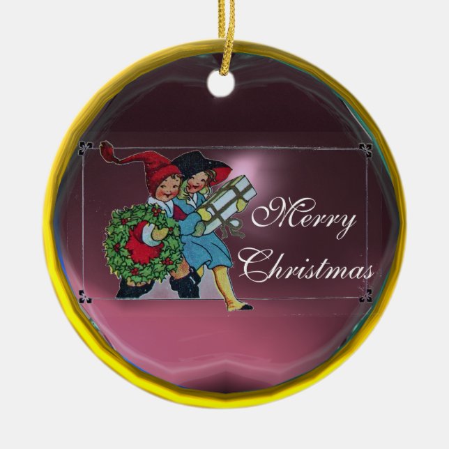 CHILDREN WITH CHRISTMAS GIFTS CERAMIC TREE DECORATION (Front)