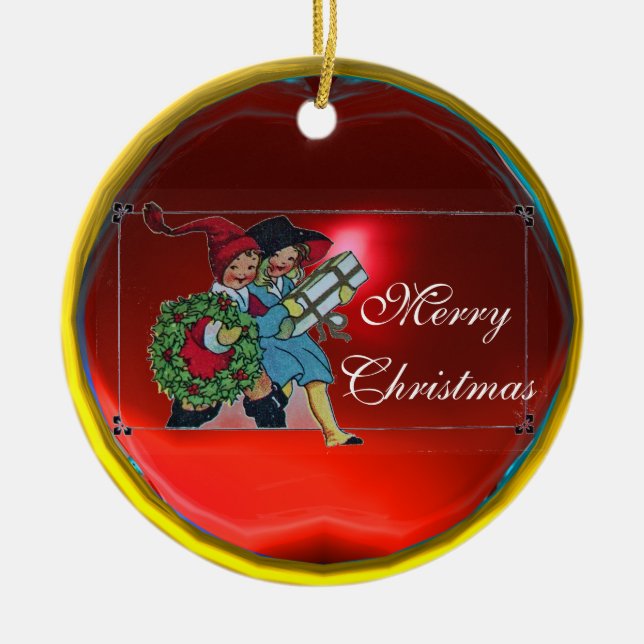 CHILDREN WITH CHRISTMAS GIFTS CERAMIC TREE DECORATION (Front)