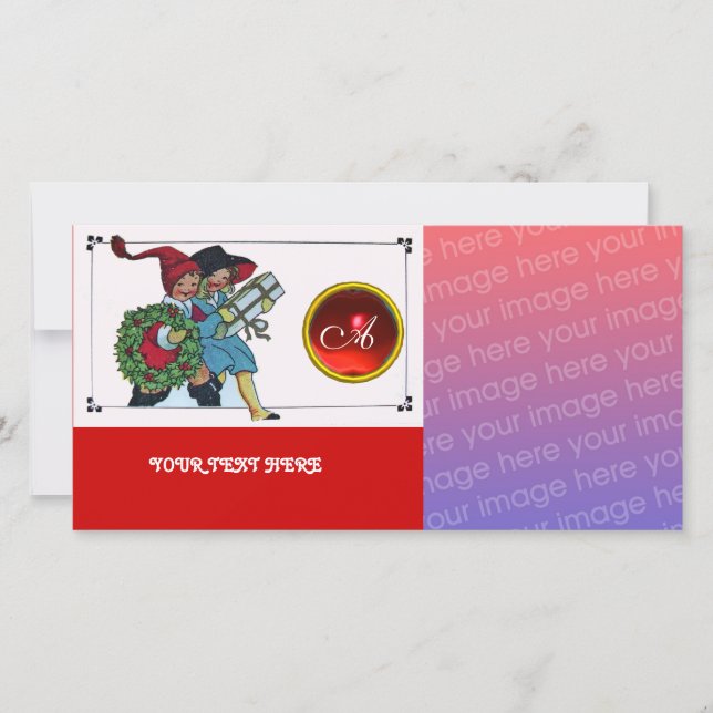 CHILDREN WITH CHRISTMAS GIFTS monogram Holiday Card (Front)