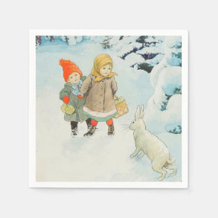 Children with hare in wintertime - Christmas Napkin
