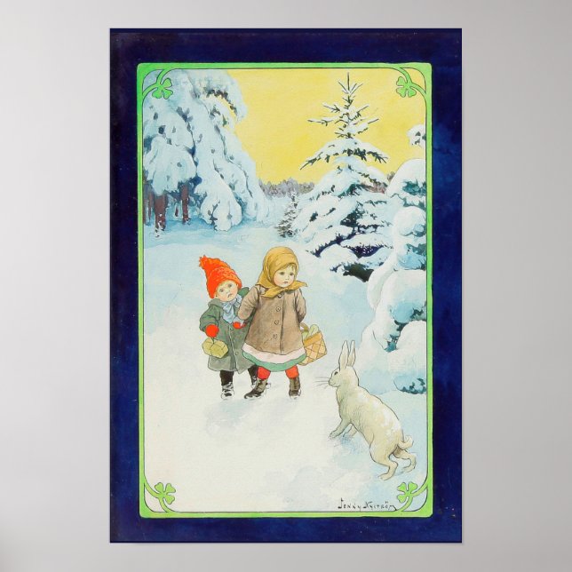 Children with hare in wintertime - Christmas Poster (Front)