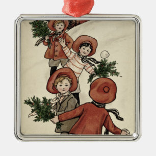 Children with Holly Throwing Snowballs Metal Ornament