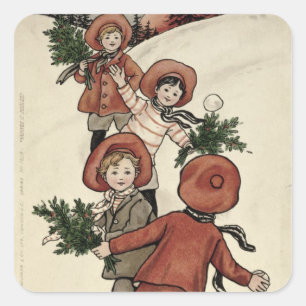 Children with Holly Throwing Snowballs Square Sticker