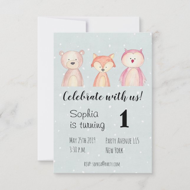children's birthday invitation animals watercolor (Front)