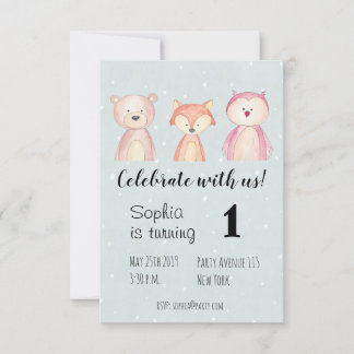children's birthday invitation animals watercolor