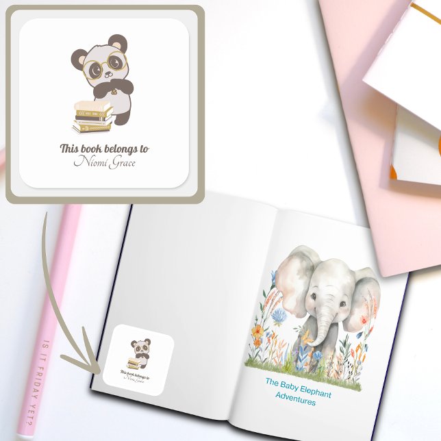Childrens Bookplate Reading Book Lover Square Sticker (Reading Collection Bookplate Panda)