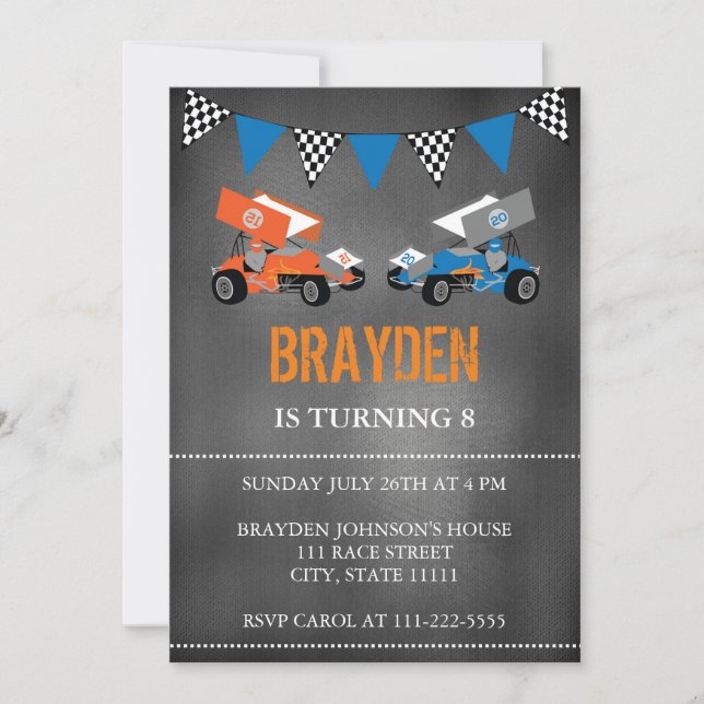 Children's Chalkboard Race Car Birthday Invitation (Front)