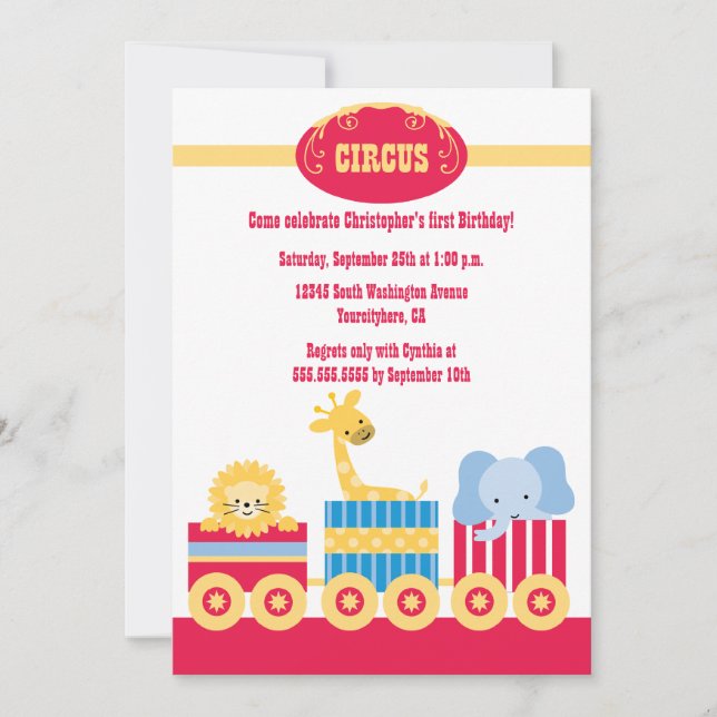 Children's circus train birthday party invitation (Front)