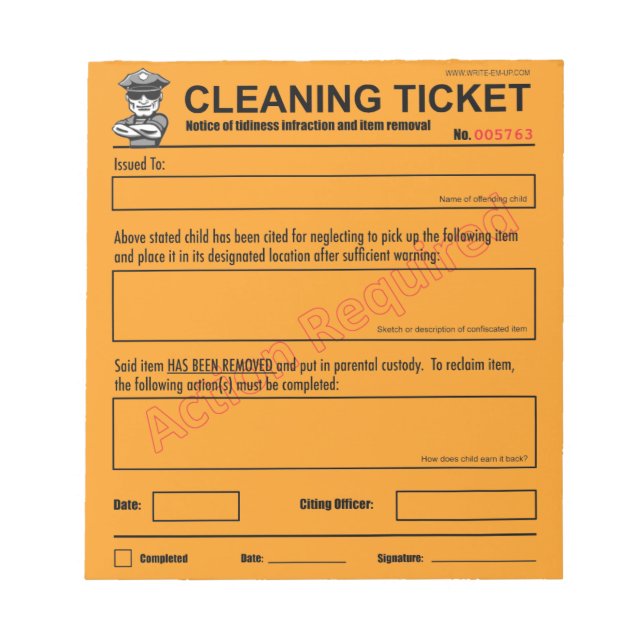 Children's Cleaning Ticket Notepad (Front)